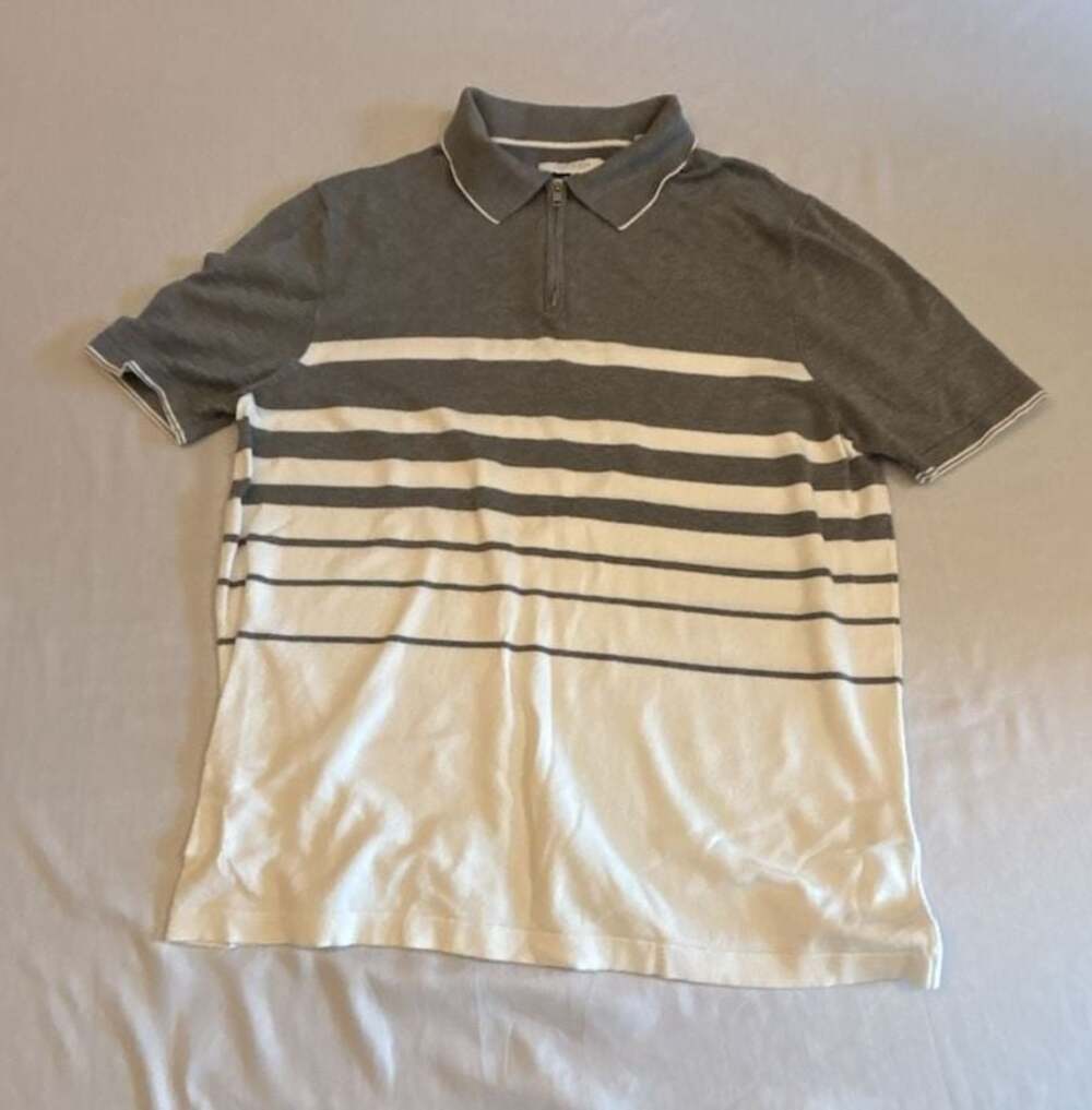 Cactus Man Ricky Singh Viscose Blend Gray White Striped Zip Polo Shirt